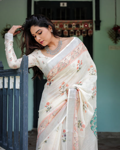 Ivory color linen printed saree with blouse price