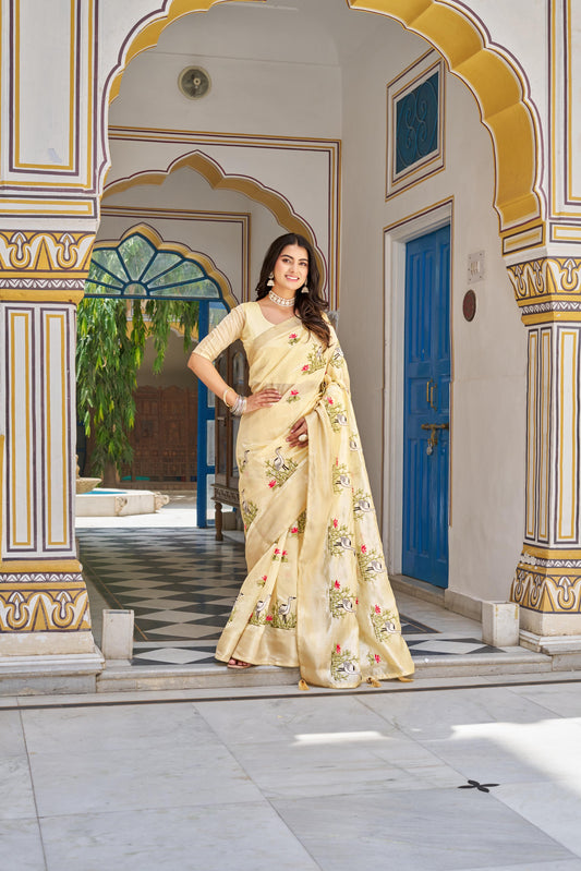 Yellow color kota crystal saree with blouse online