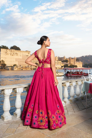 Pink color tussar silk floral printed lehenga choli online shopping