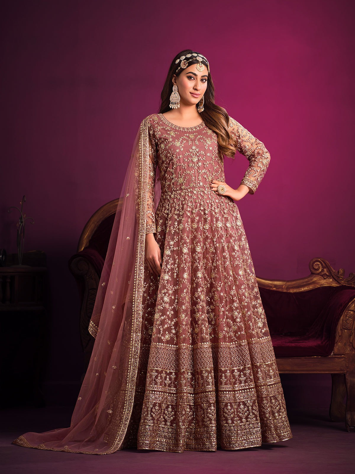 Pink color net embroidery work gown for women
