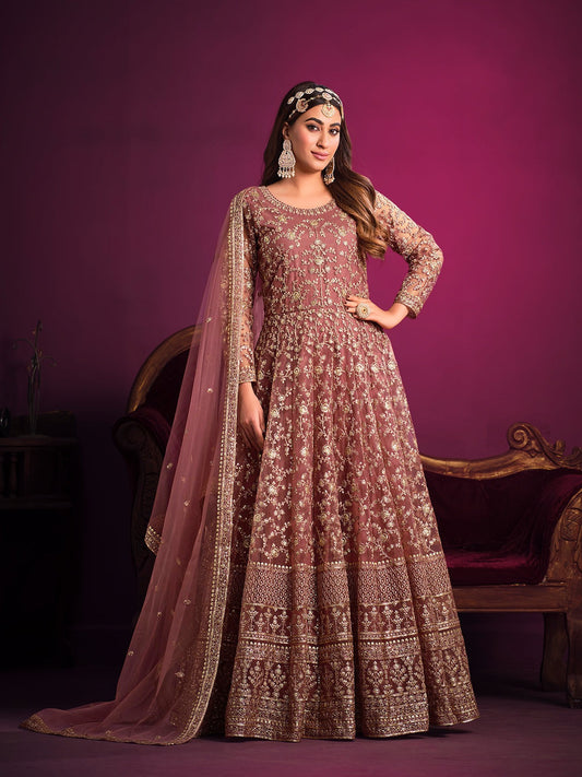 Pink color net embroidery work gown for women
