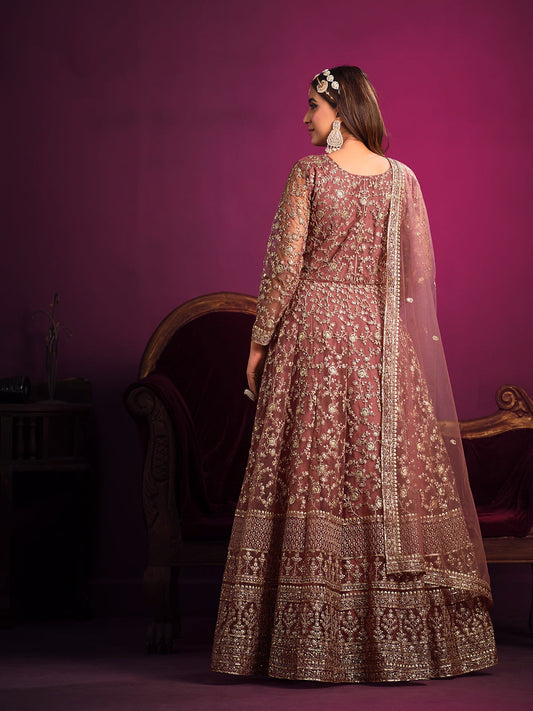 Pink color net embroidery work gown for wedding

