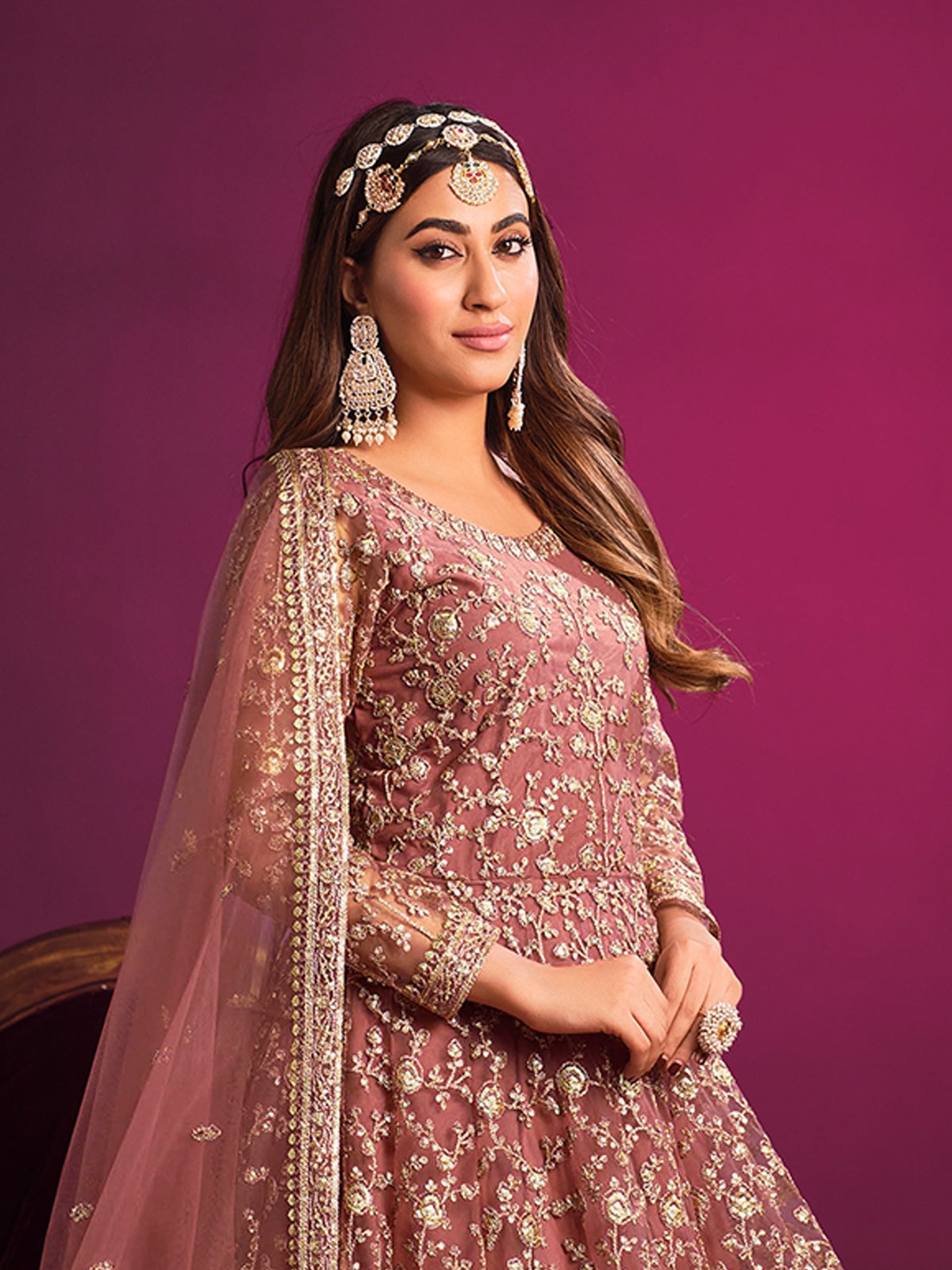 Pink color net embroidery work gown price
