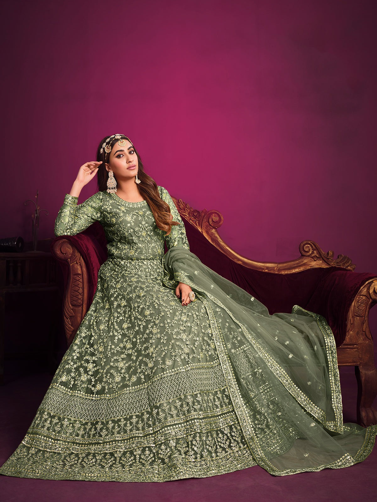 Mehendi color net embroidery work gown  online