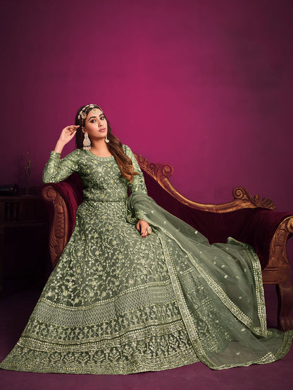 Mehendi color net embroidery work gown  online