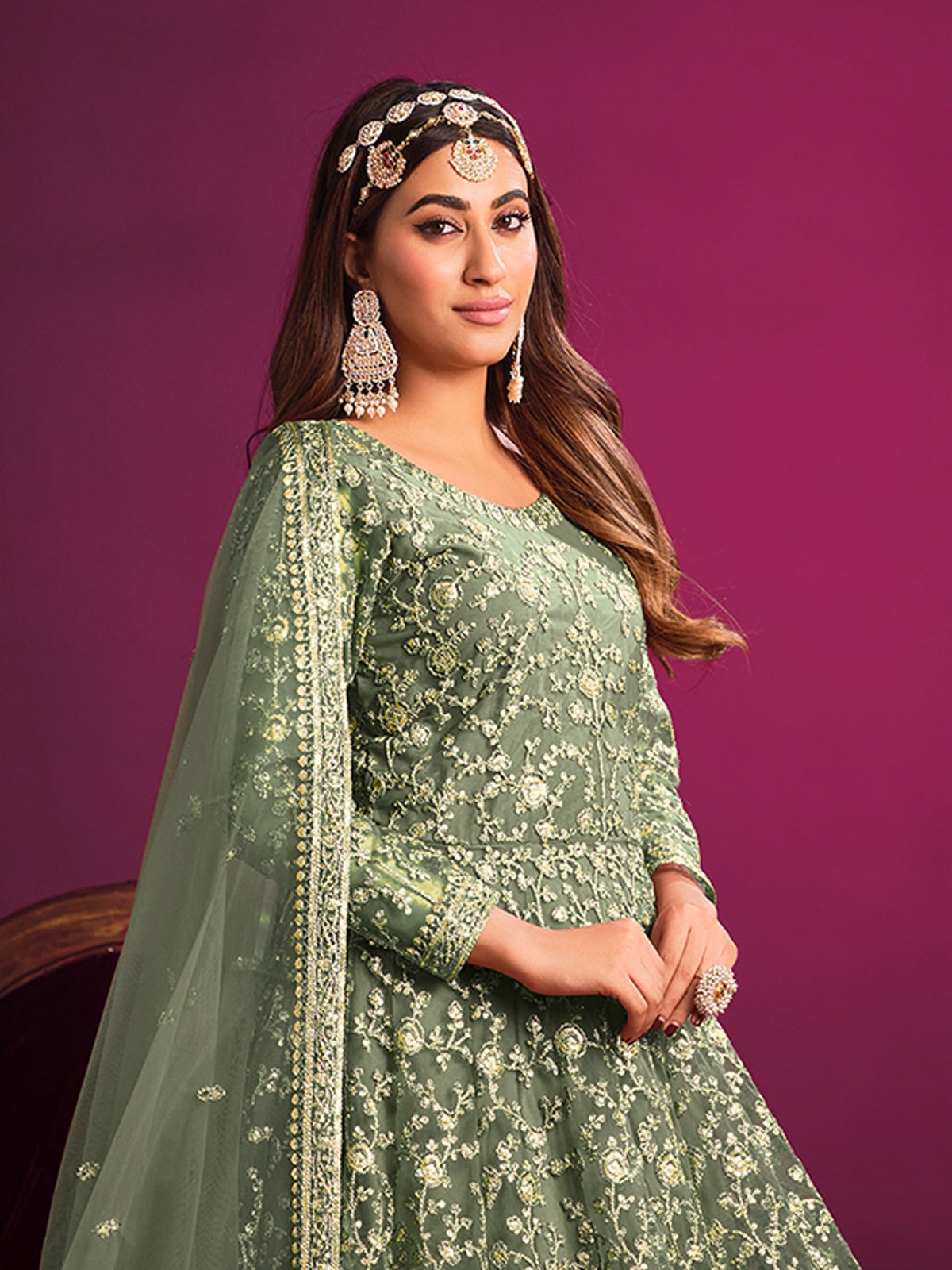 Mehendi color net embroidery work gown  images