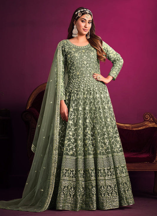 Mehendi color net embroidery work gown 