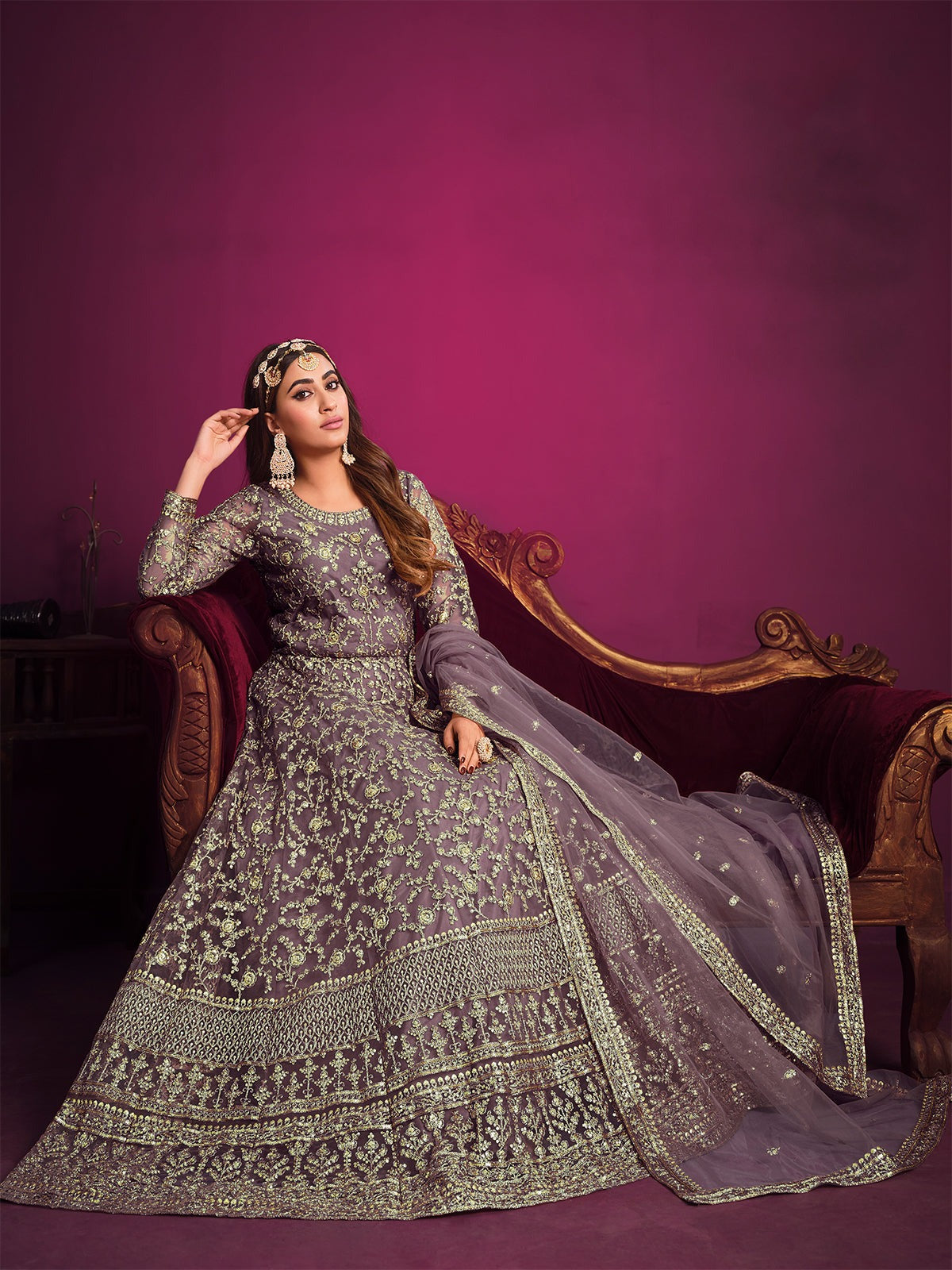 Long sleeve lavender color net embroidery work gown for women
