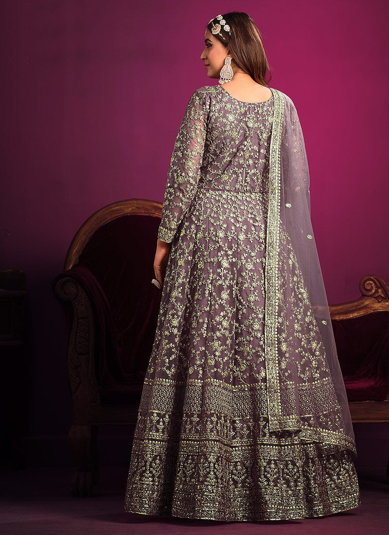 Lavender color net embroidery work gown for wedding
