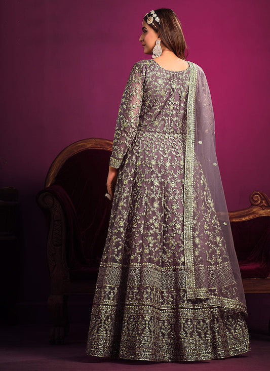 Lavender color net embroidery work gown for wedding
