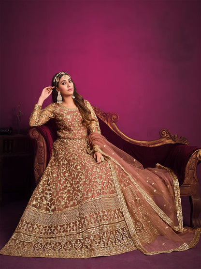 Brown color net embroidery work gown for women
