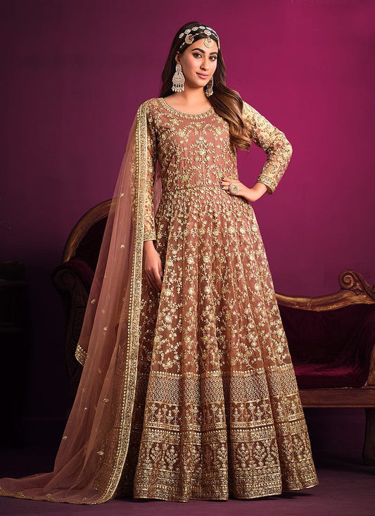 Long sleeve brown color net embroidery work gown for women
