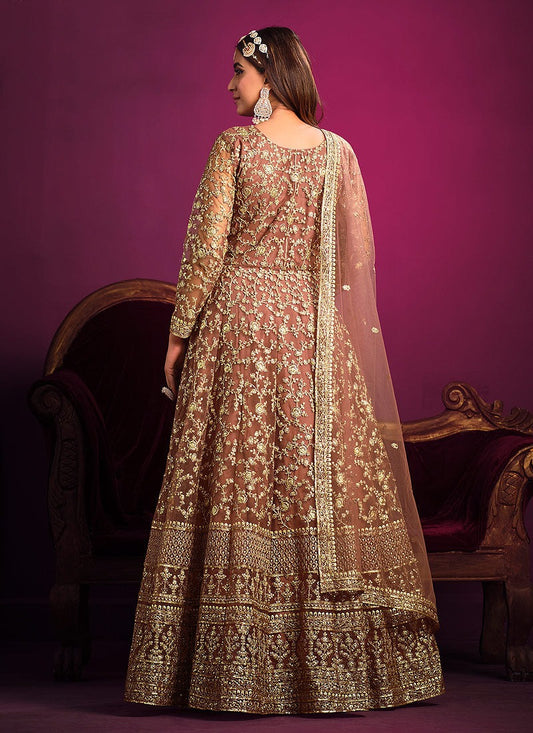 Long brown color net embroidery work gown for women
