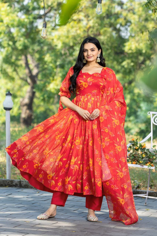 Red color tabby organza gown for women