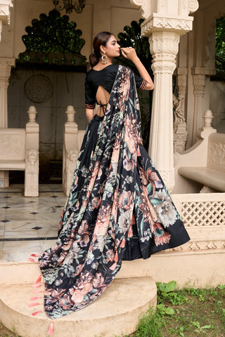 Black color tussar silk lehenga choli with dupatta images