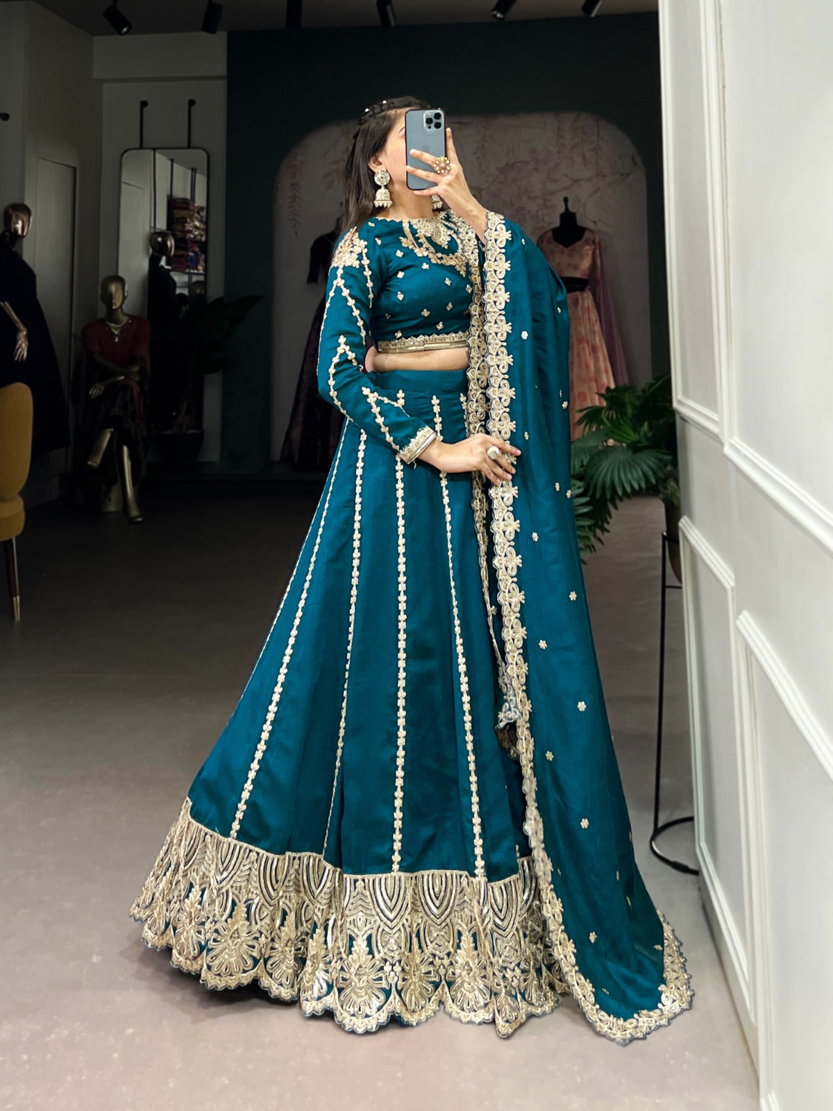 Firozi color vichitra silk lehenga choli with dupatta