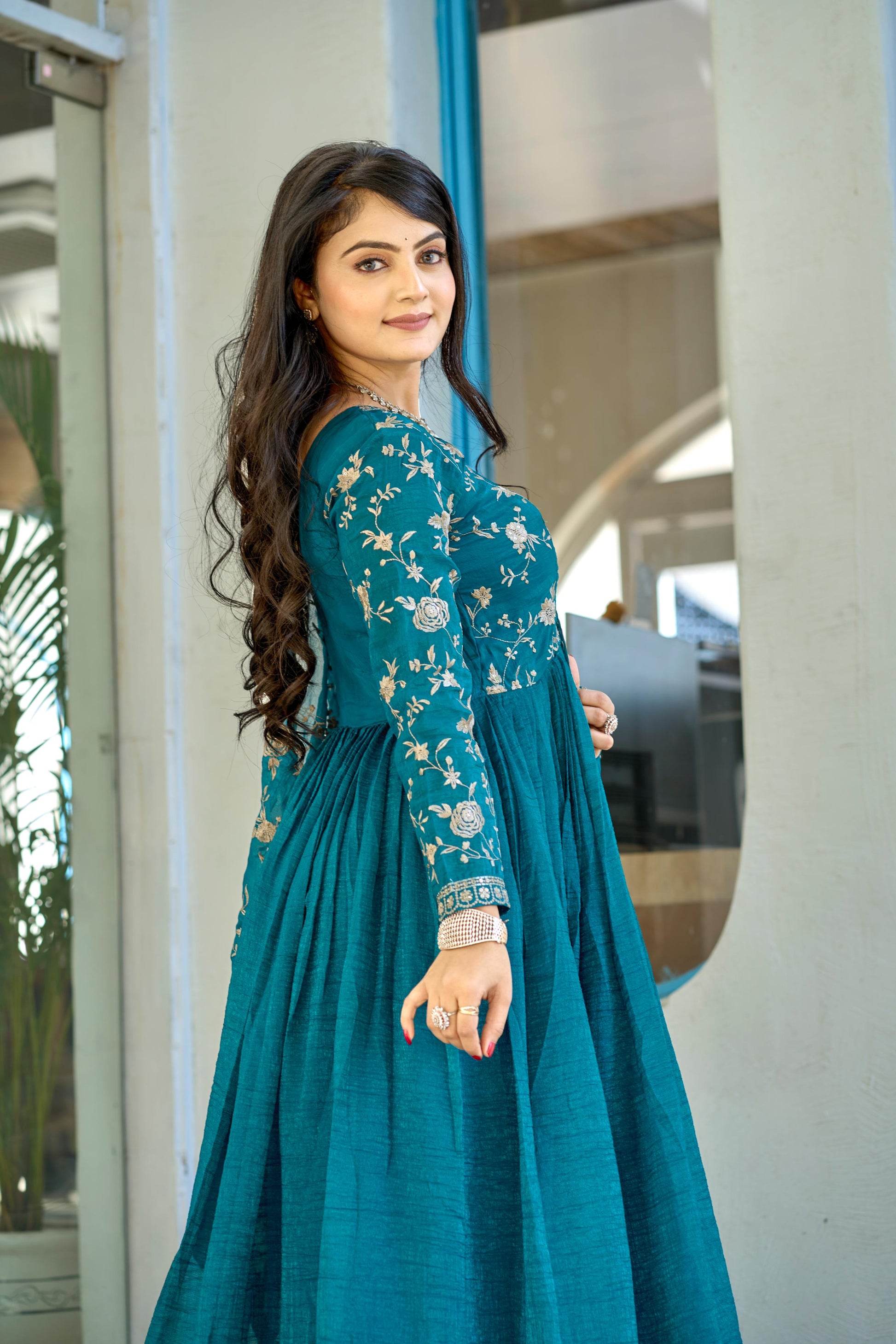 Rama color crunchy gown with dupatta
