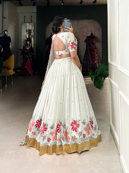 White Georgette printed Lehenga Choli With Dupatta