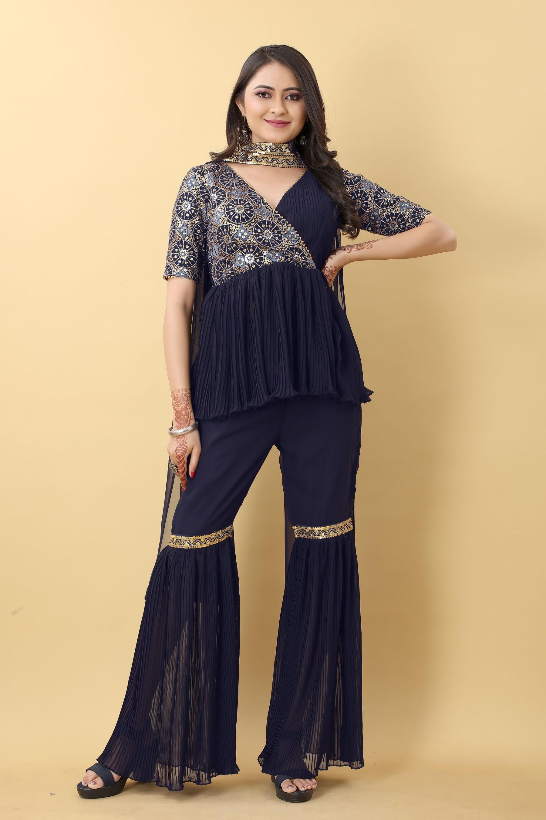 Navy blue georgette sharara suit 