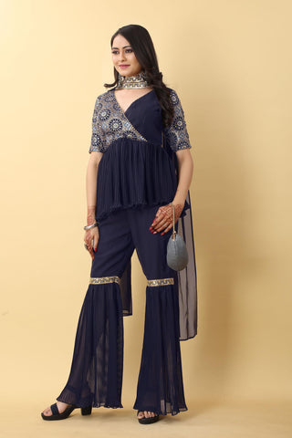 Navy blue georgette sharara suit for  party wear