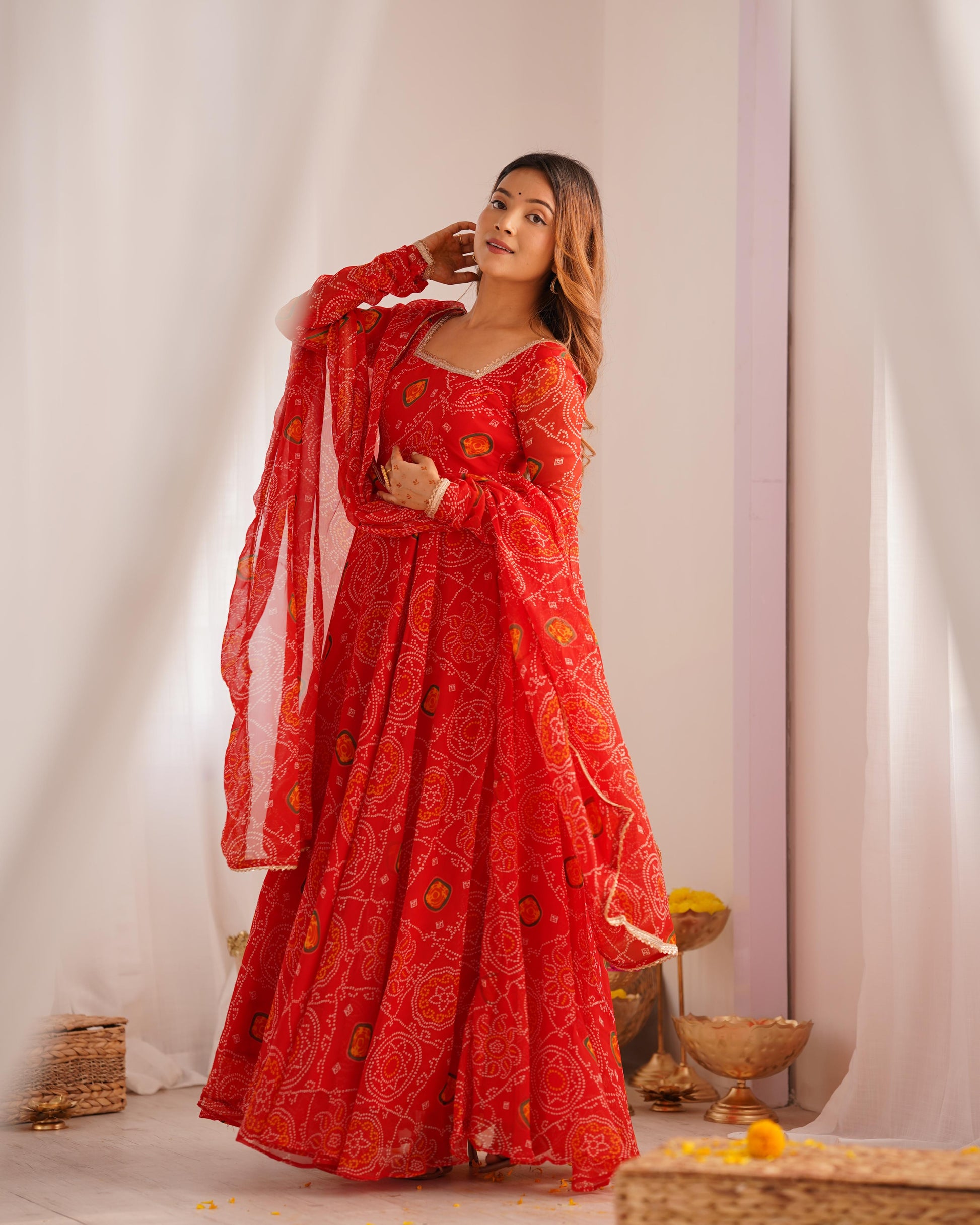 Red color chiffon bandhej long gown with dupatta price