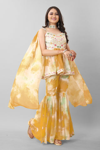 Yellow color georgette sharara suit with dupatta
