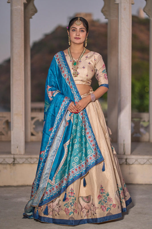 Cream color manipuri silk lehenga choli for women