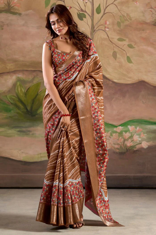 Brown color dola silk saree for women