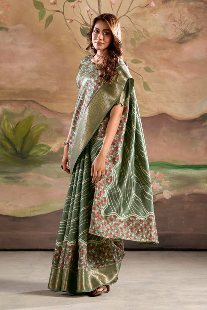 Green color dola silk saree with blouse online