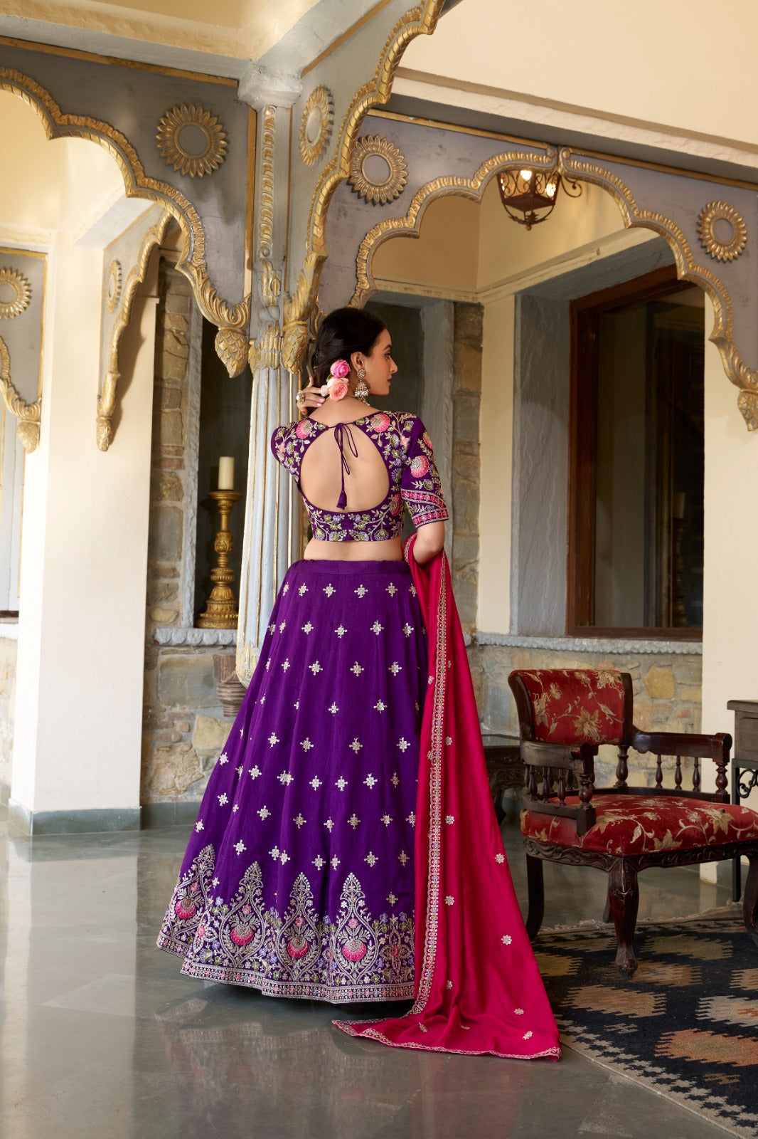 Purple color vichitra silk lehenga choli with dupatta images