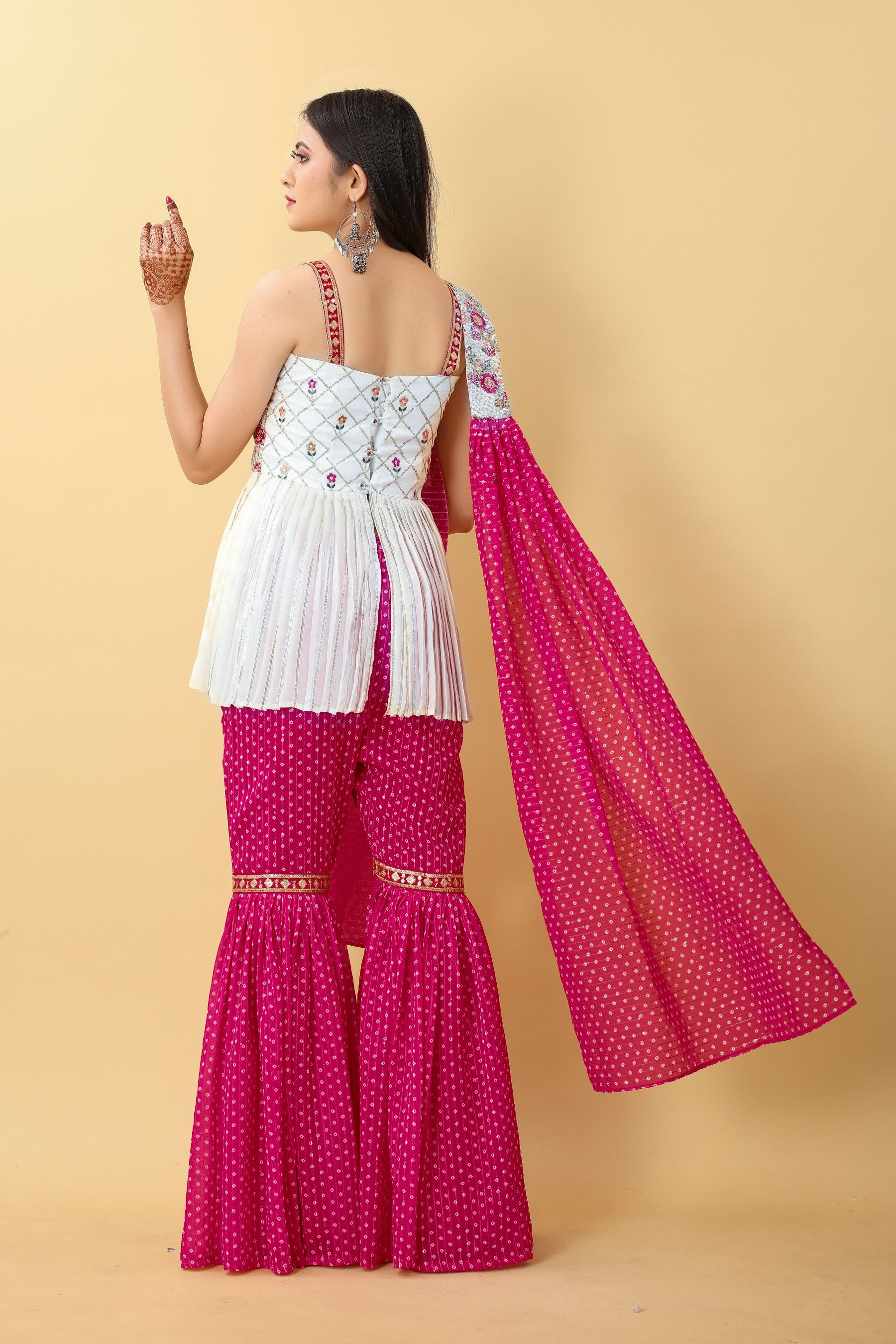 Rani pink color georgette sharara suit with dupatta