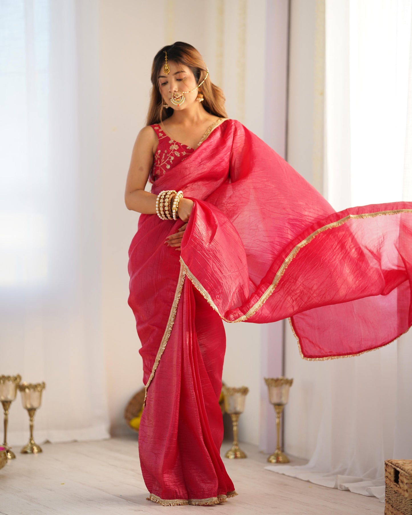 Pink color tissue silk saree for women online shopping
