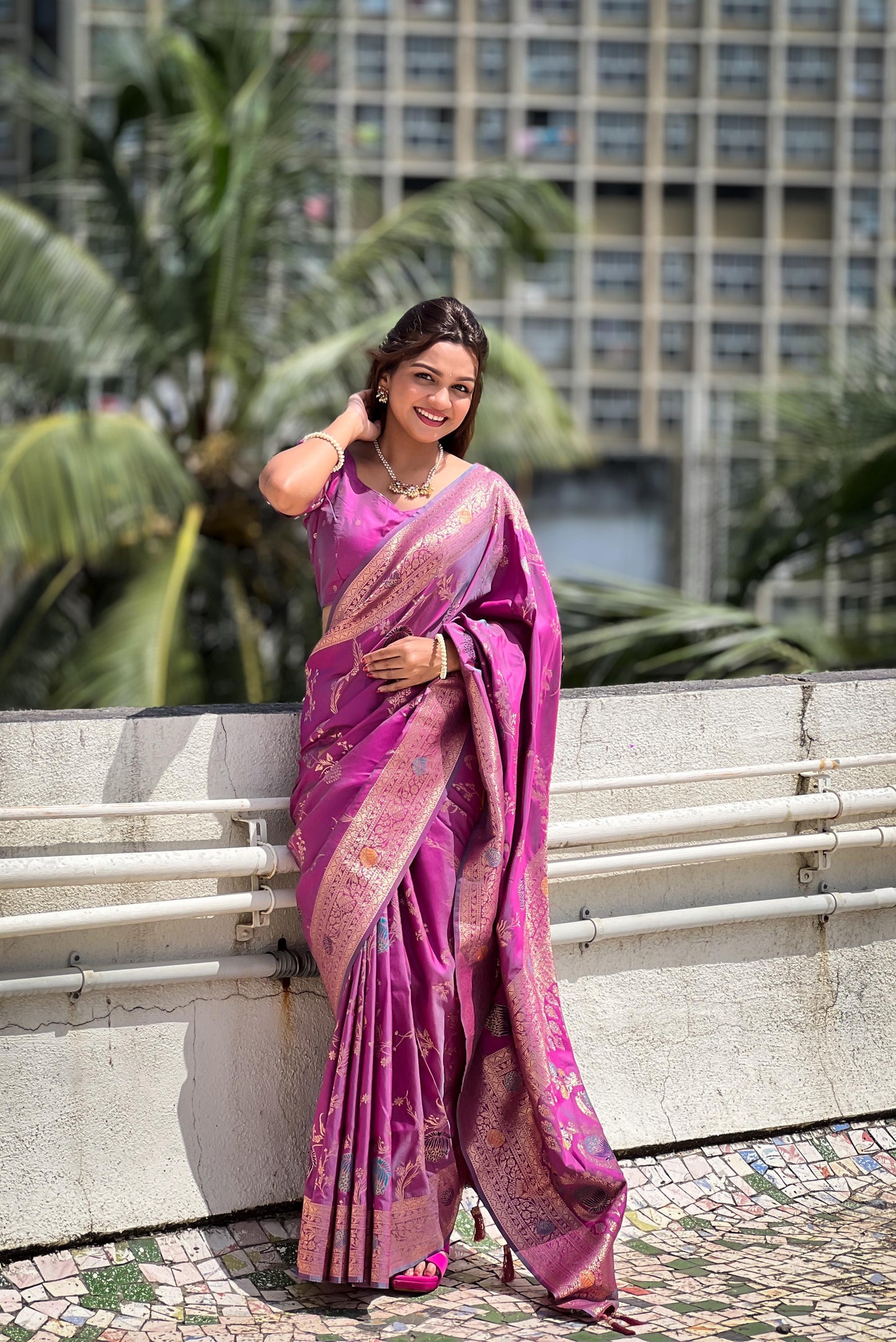 Pink color banarasi silk saree with blouse online 