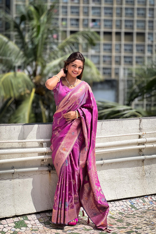 Pink color banarasi silk saree with blouse online 