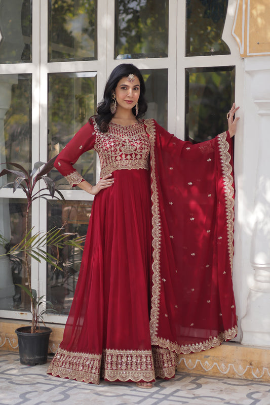 Casual red color faux blooming long gown for women
