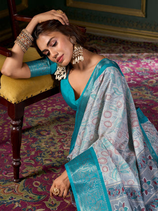 Sky color dola silk foil printed saree for women online
