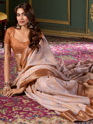 Brown color foil printed saree for women