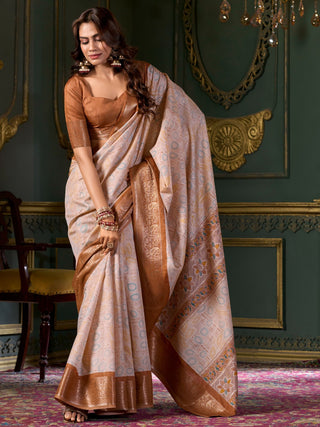 Brown color foil printed saree with blouse price