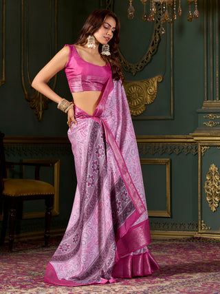 Pink color dola silk foil printed saree for women price
