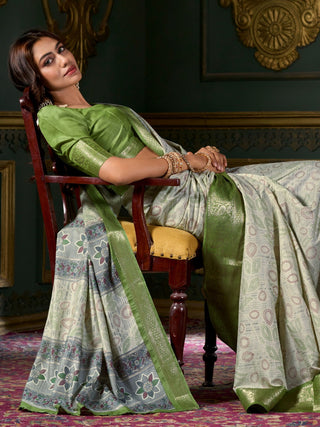 Green color dola silk foil printed saree for women online
