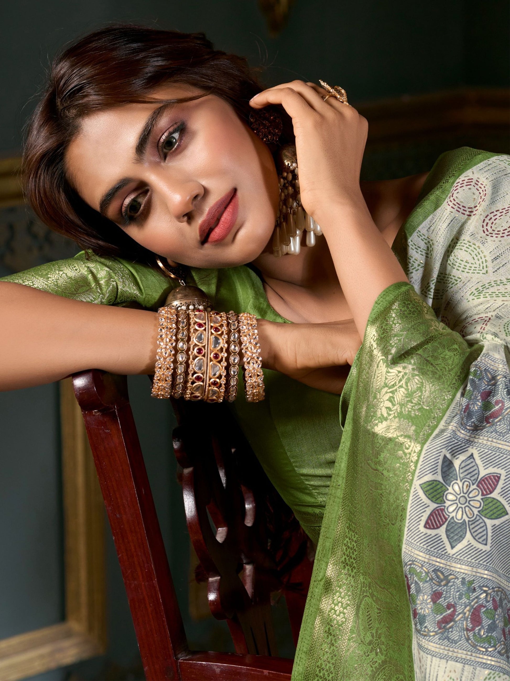 Green color dola silk foil printed saree for women online shopping
