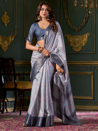 Grey color dola silk foil printed saree for women price
