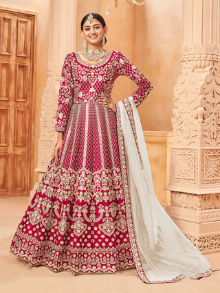 Red color art silk long anarkali gown for wedding wear