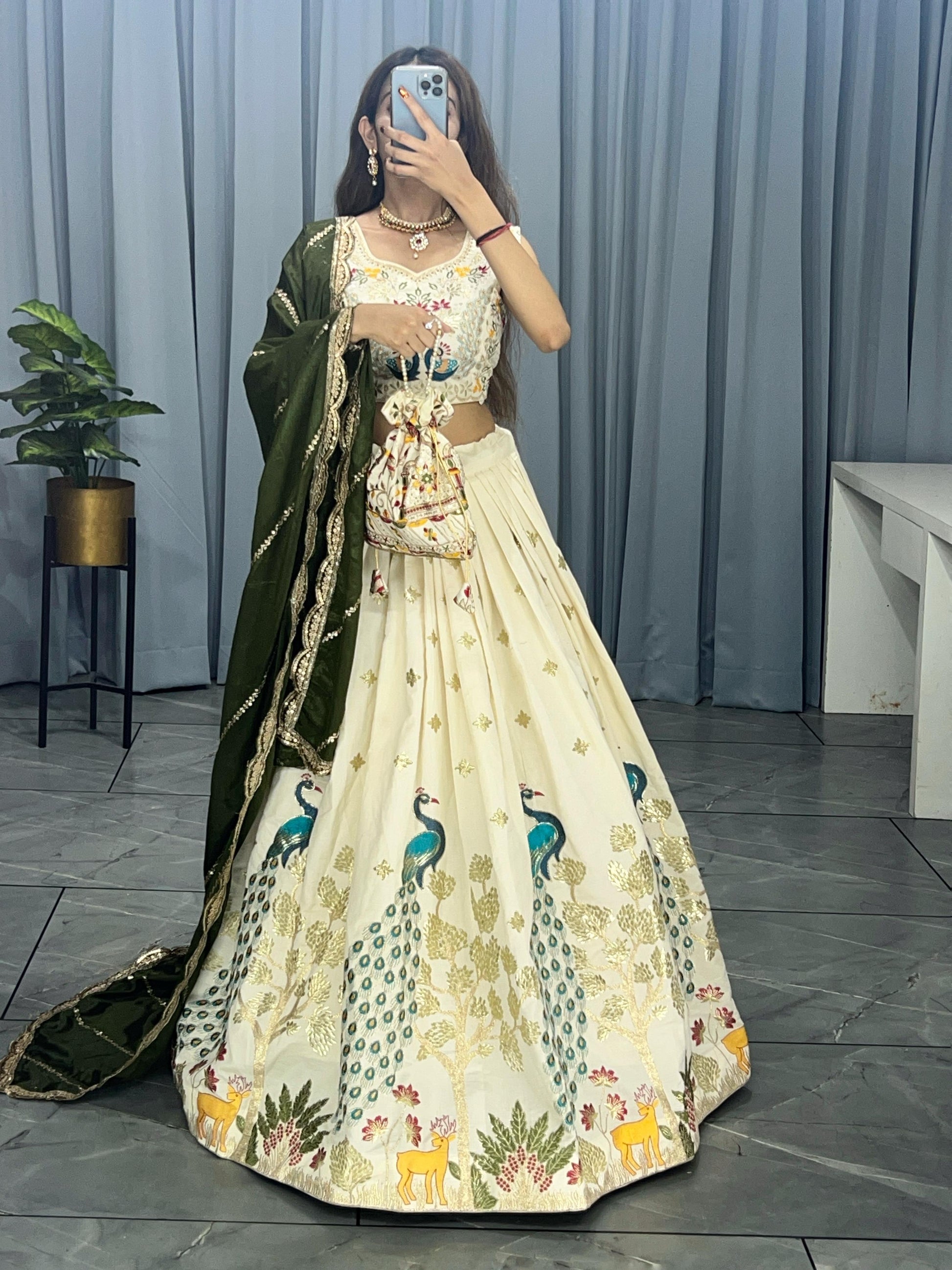 Mehendi color cotton lehenga choli with dupatta price