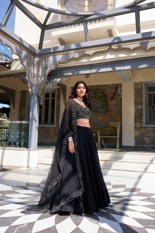 Black color star satin lehenga choli for women