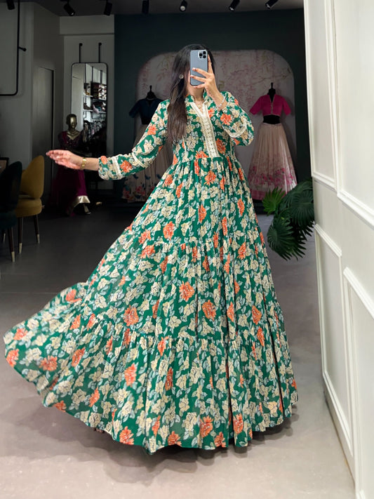 Long sleeve green color georgette gown for women
