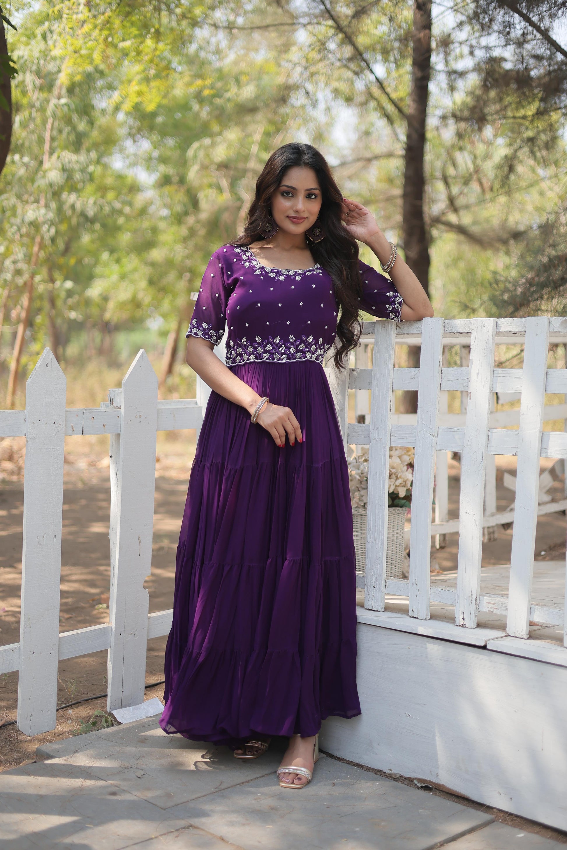 Purple gown with sleeves
