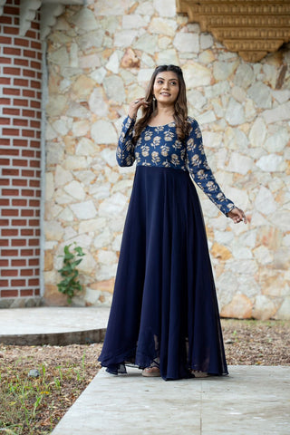 Long sleeve navy blue georgette gown for women
