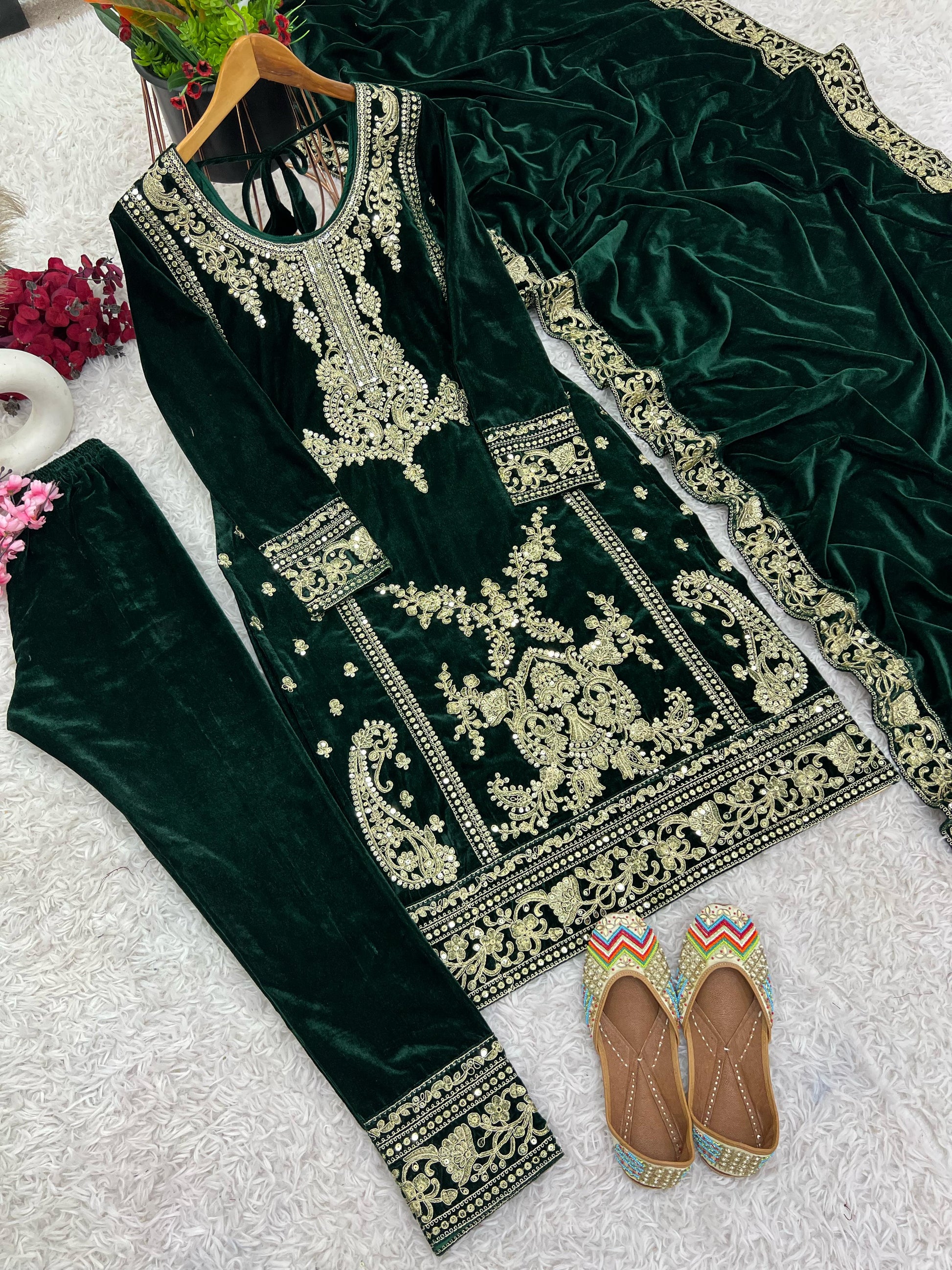 Black color viscose velvet salwar kameez with dupatta online