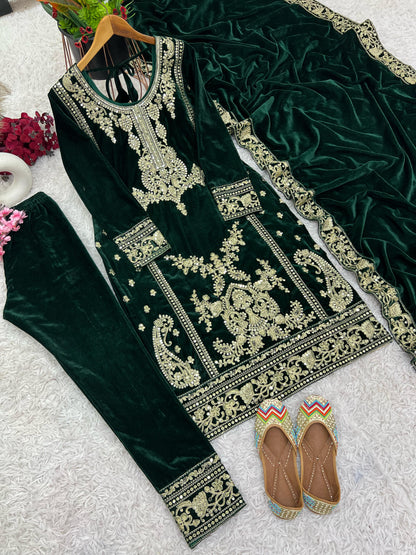 Black color viscose velvet salwar kameez with dupatta online